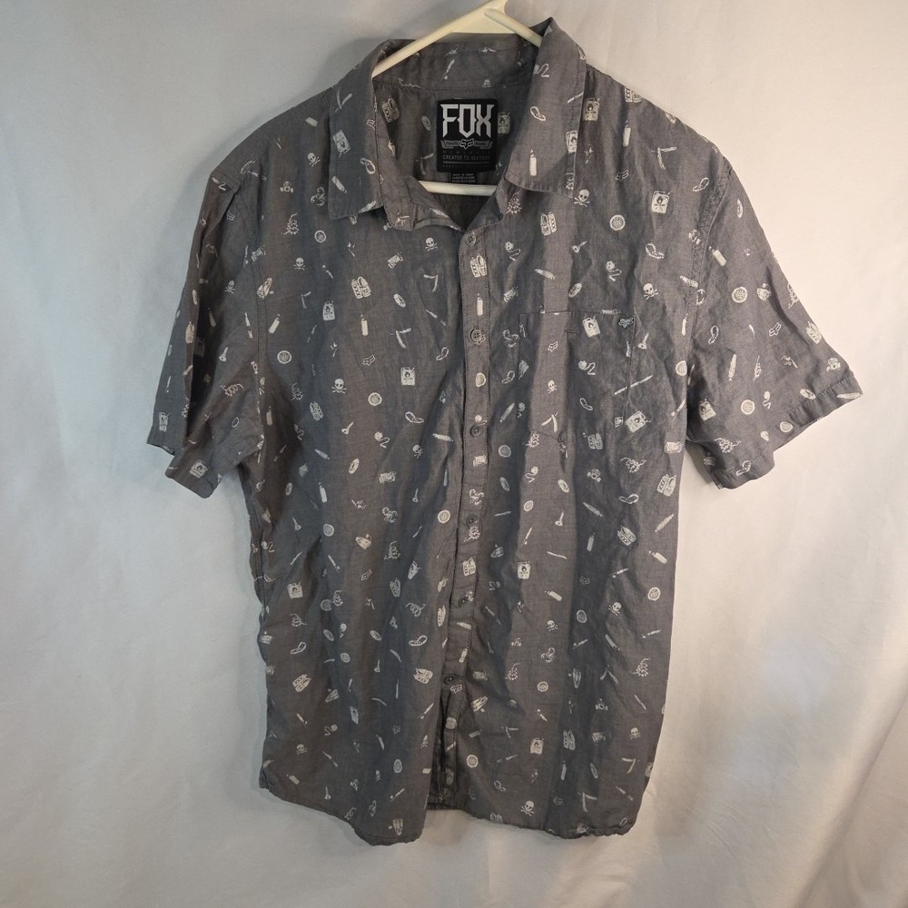 Fox Racing Shirt Mens Large Gray Button Up Workwear Garage Short Sleeve Stretch